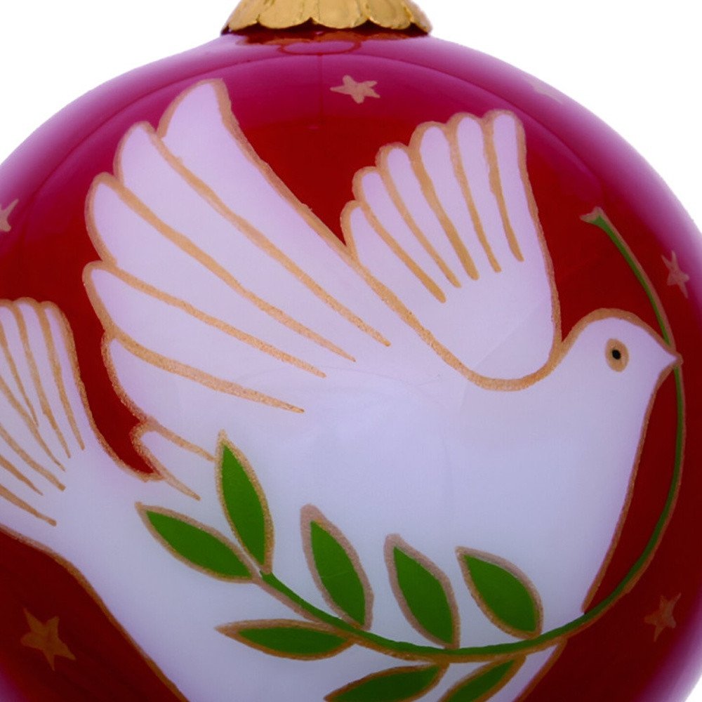 Peace on Earth Dove Hand Painted Pink And White Glass Ball Ornament