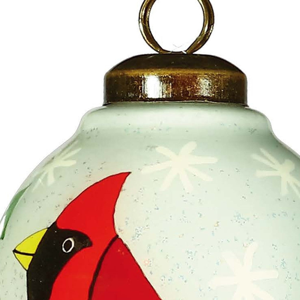 Festive Glitter Red Cardinal Hand Painted Mouth Blown Glass Ornament