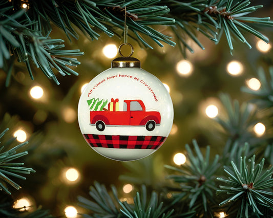 Red Pickup Truck with Presents Hand Painted Mouth Blown Glass Ornament