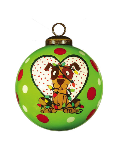 Charming Dog in a Heart Hand Painted Mouth Blown Glass Ornament