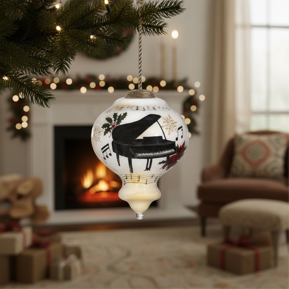 Grand Christmas Piano Hand Painted Mouth Blown Glass Ornament