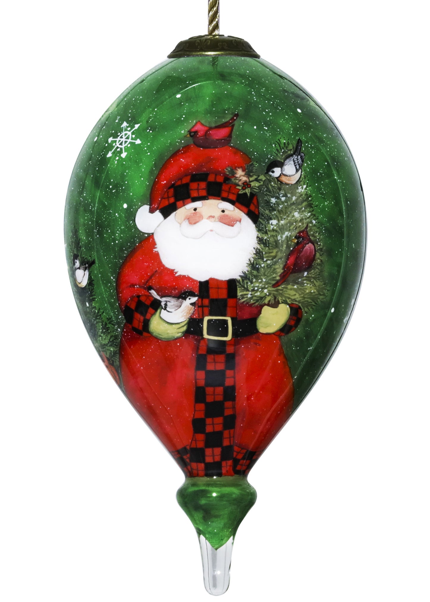 Green Plaid Santa Hand Painted Mouth Blown Glass Ornament