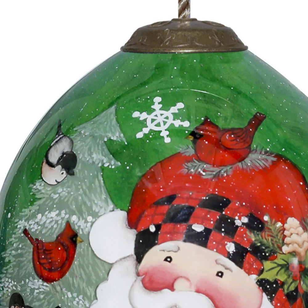 Plaid Santa with Cardinals Hand Painted Mouth Blown Glass Ornament