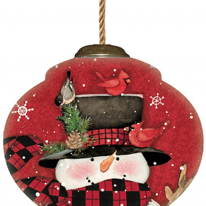 Plaid Snowman and Cardinals Hand Painted Mouth Blown Glass Ornament