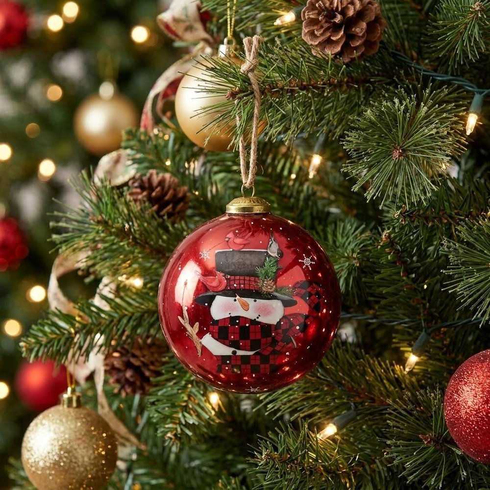 Plaid Snowman and Cardinals Hand Painted Mouth Blown Glass Ornament
