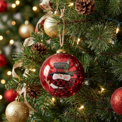 Plaid Snowman and Cardinals Hand Painted Mouth Blown Glass Ornament