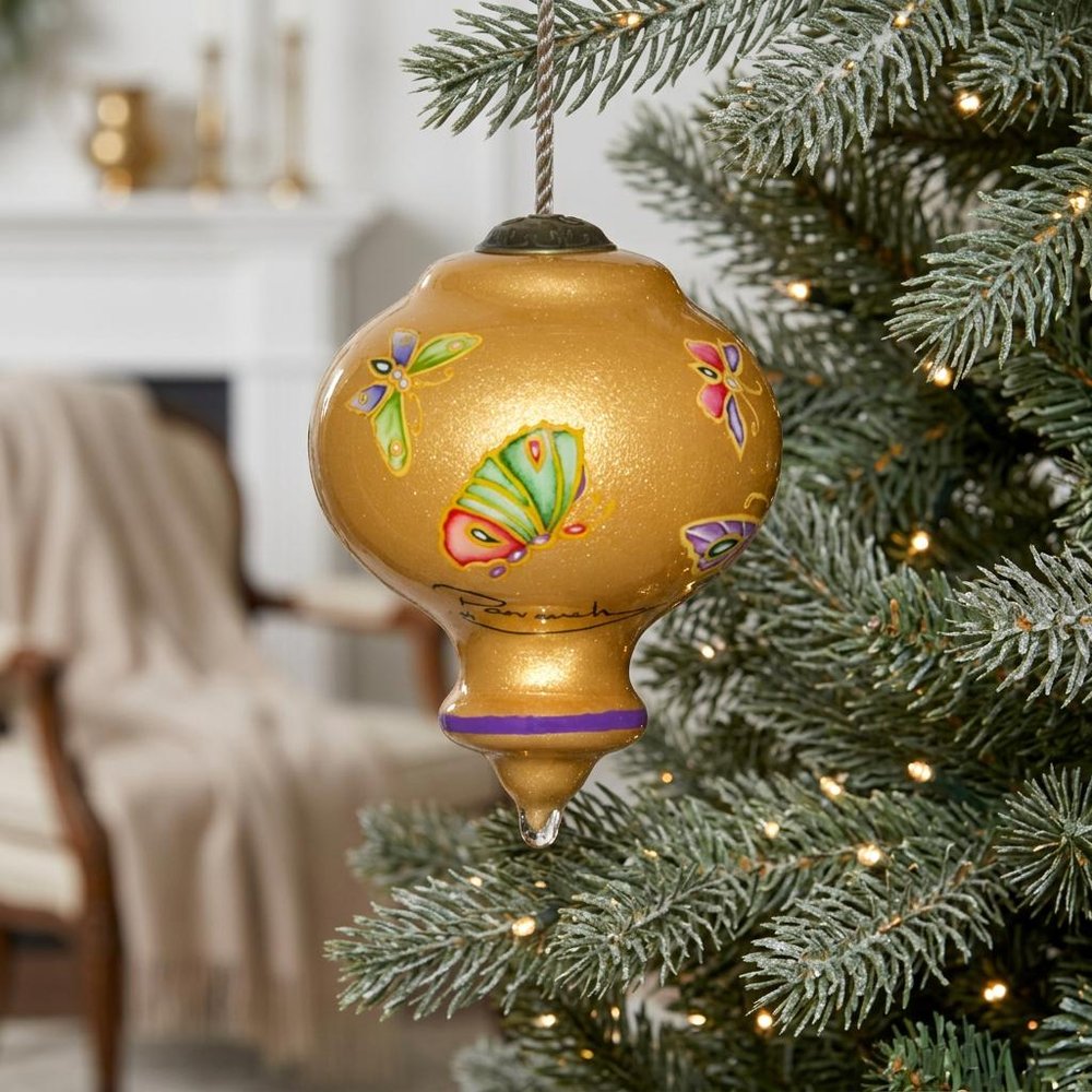 Golden Extravagant Butterflies Hand Painted Mouth Blown Glass Ornament