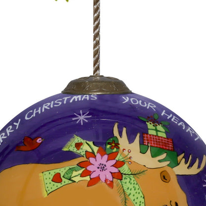 Christmas Moose Walking Hand Painted Mouth Blown Glass Ornament