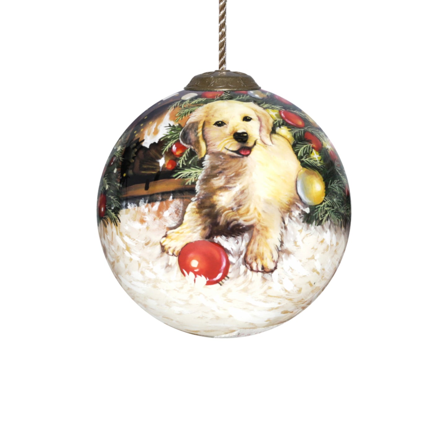 Puppy under the Christmas Tree Hand Painted Mouth Blown Glass Ornament