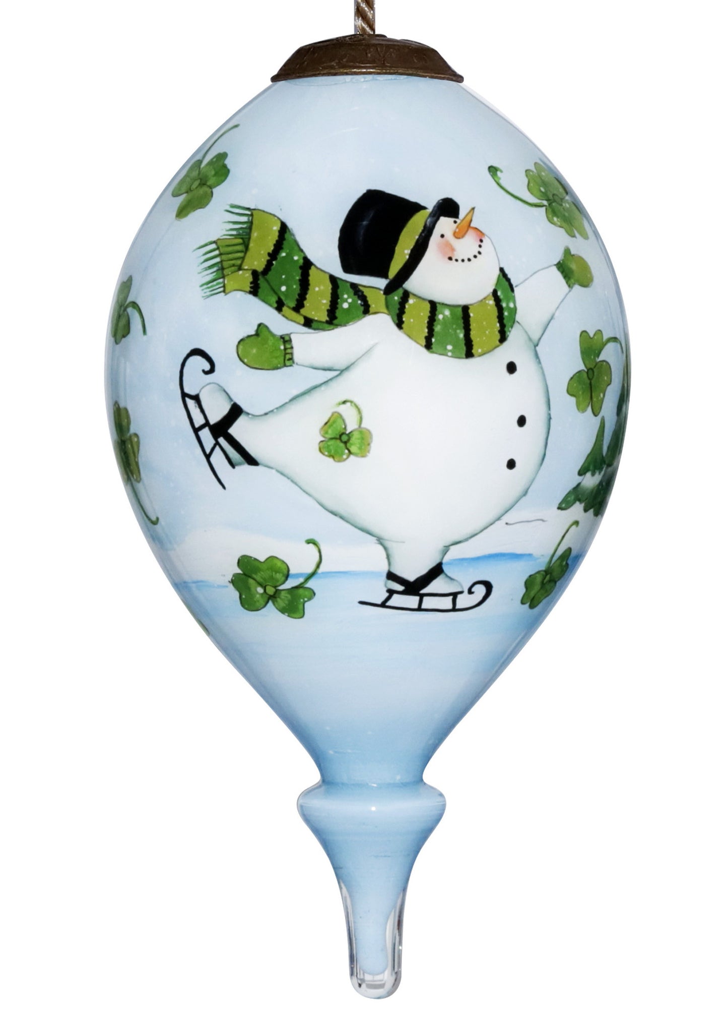 Ice Skating Shamrock Snowman Hand Painted Mouth Blown Glass Ornament