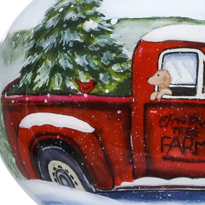 Red Farm Truck with Tree Hand Painted Mouth Blown Glass Ornament