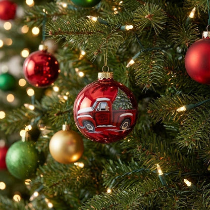 Red Farm Truck with Tree Hand Painted Mouth Blown Glass Ornament