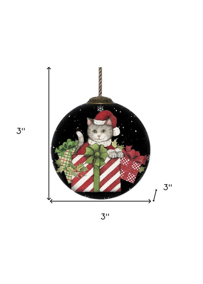 Christmas Cat with Presents Hand Painted Mouth Blown Glass Ornament