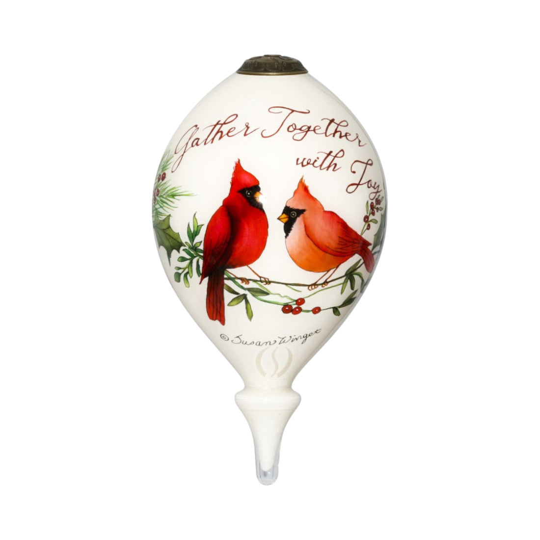 Gather Together With Joy Cardinals Hand Painted Mouth Blown Glass Ornament