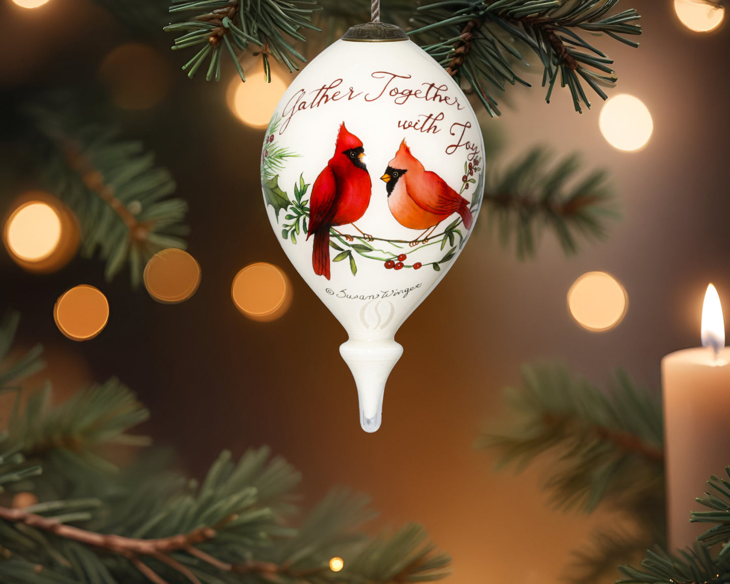 Gather Together With Joy Cardinals Hand Painted Mouth Blown Glass Ornament