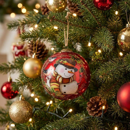 Winter Wreath Forest Snowman Hand Painted Mouth Blown Glass Ornament