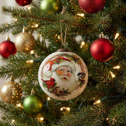 Winter Wreath Forest Santa Hand Painted Mouth Blown Glass Ornament