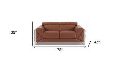 75" Camel And Silver Italian Leather Loveseat