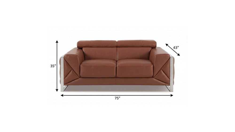 75" Camel And Silver Italian Leather Loveseat