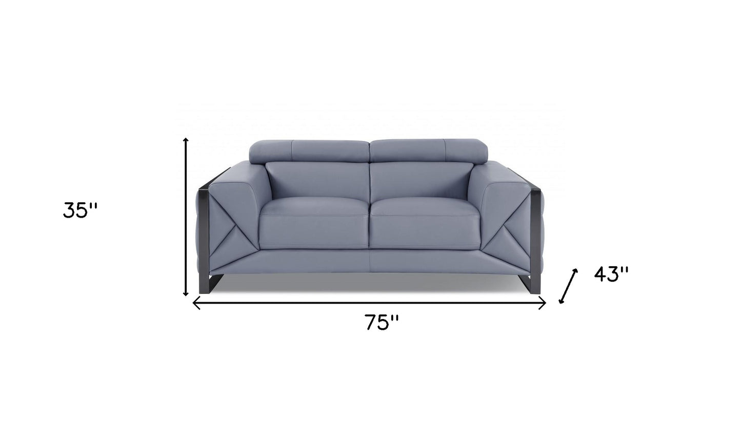 75" Light Blue And Black Italian Leather Loveseat