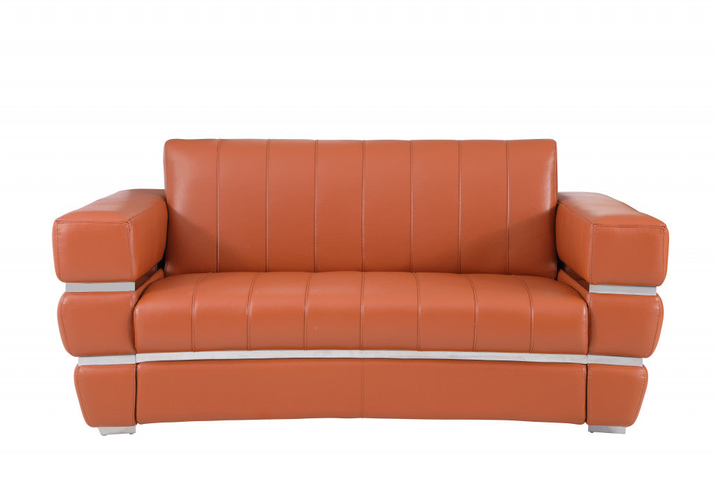 75" Camel And Silver Italian Leather Loveseat