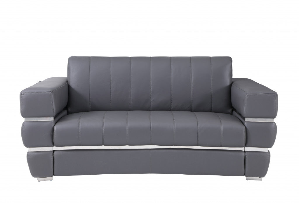 75" Gray And Silver Italian Leather Loveseat