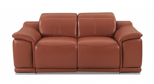 72" Camel And Silver Italian Leather Power Reclining Loveseat