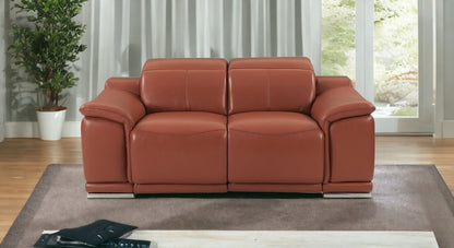 72" Camel And Silver Italian Leather Power Reclining Loveseat