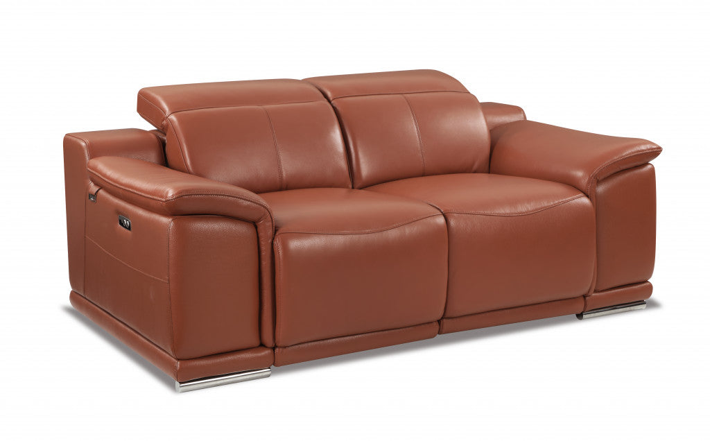 72" Camel And Silver Italian Leather Power Reclining Loveseat