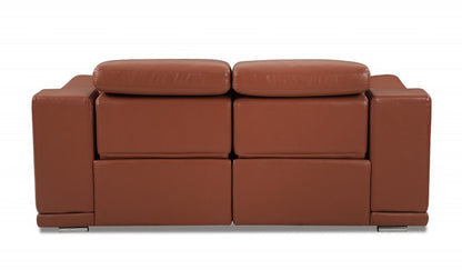 72" Camel And Silver Italian Leather Power Reclining Loveseat