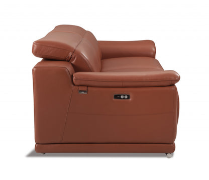 72" Camel And Silver Italian Leather Power Reclining Loveseat