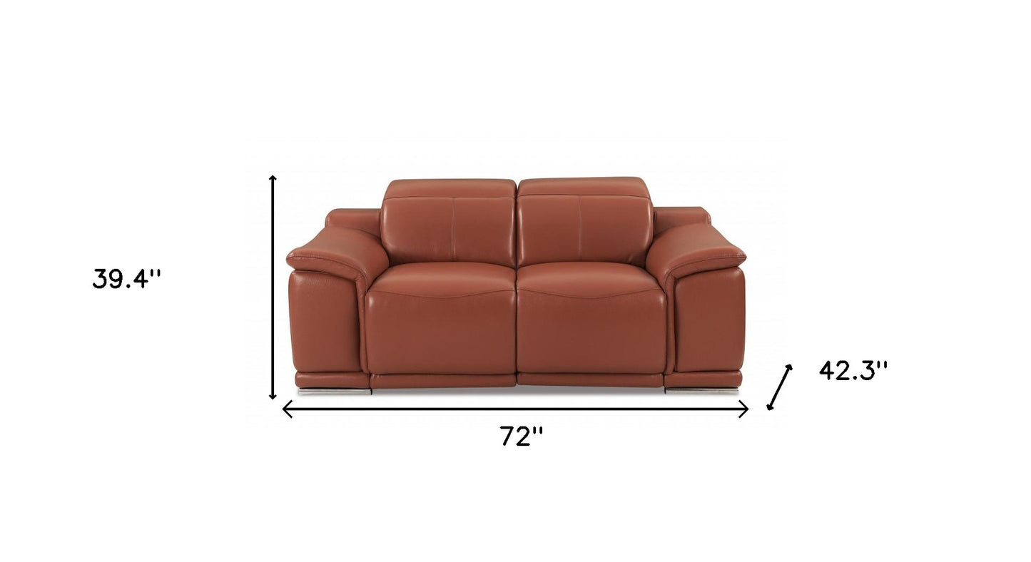 72" Camel And Silver Italian Leather Power Reclining Loveseat