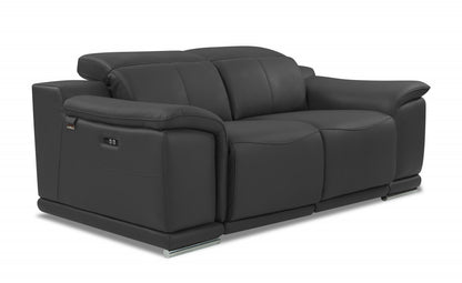 72" Gray And Silver Italian Leather Power Reclining Loveseat