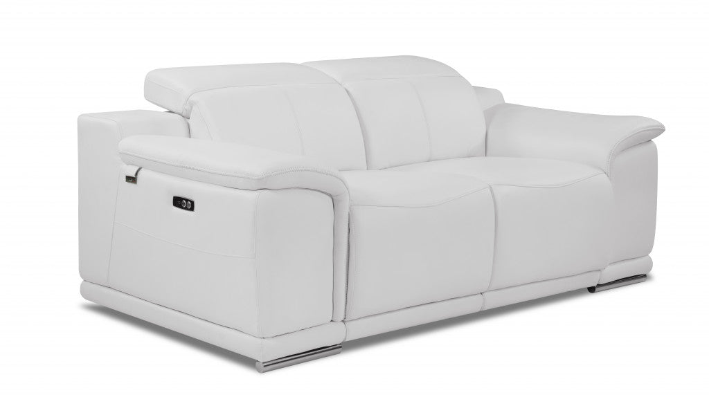 72" White And Silver Italian Leather Power Reclining Loveseat