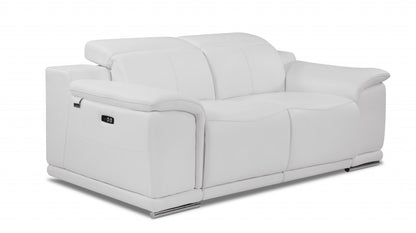 72" White And Silver Italian Leather Power Reclining Loveseat