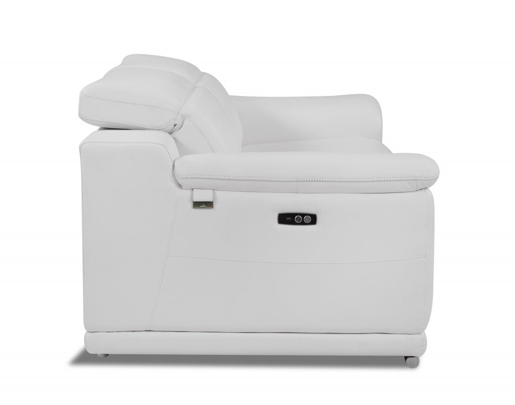 72" White And Silver Italian Leather Power Reclining Loveseat