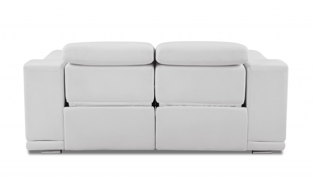 72" White And Silver Italian Leather Power Reclining Loveseat