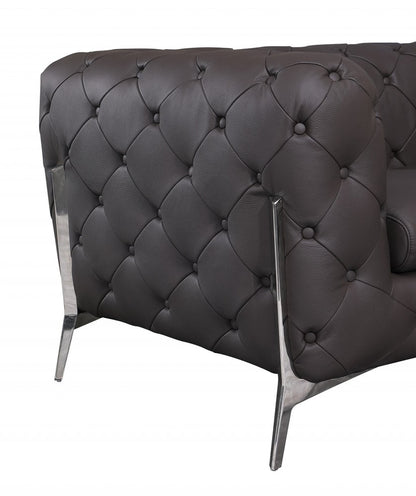 69" Brown And Silver Italian Leather Loveseat