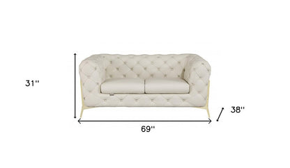 69" Beige And Gold Italian Leather Loveseat