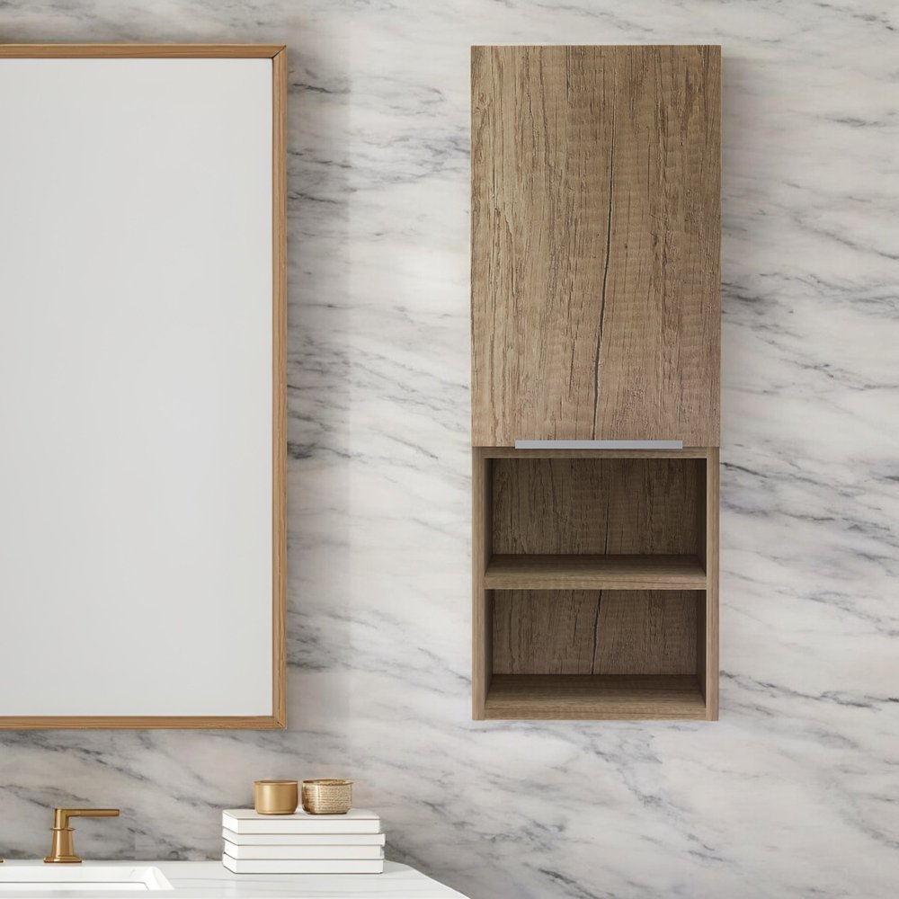 12" Natural Wood Floating Single Door Bathroom Vanity And Medicine Cabinet