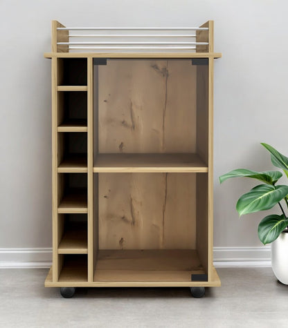 22" Brown Wood Rolling Bar Cart With Wine Storage