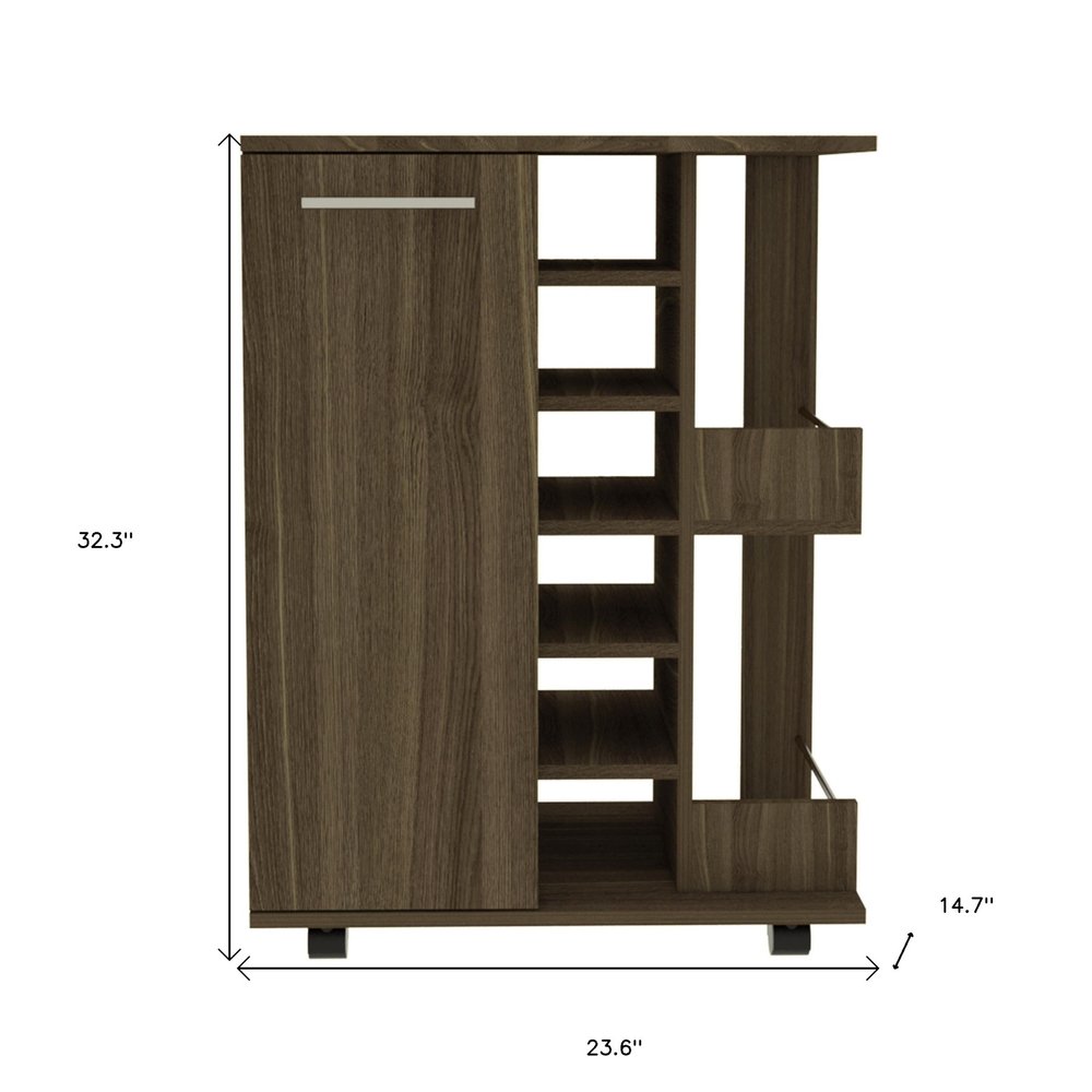 24" Walnut Wood Flat Door Rolling Kitchen Cart With Storage