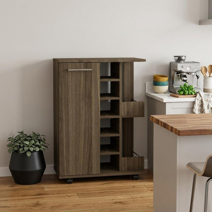 24" Walnut Wood Flat Door Rolling Kitchen Cart With Storage