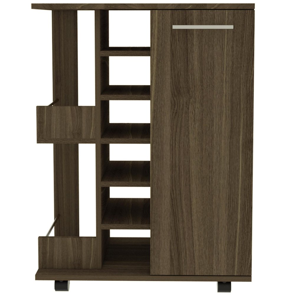 24" Walnut Wood Flat Door Rolling Kitchen Cart With Storage