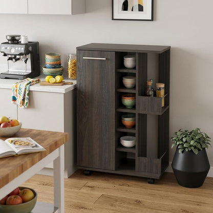 24" Espresso Wood Flat Door Rolling Kitchen Cart With Storage