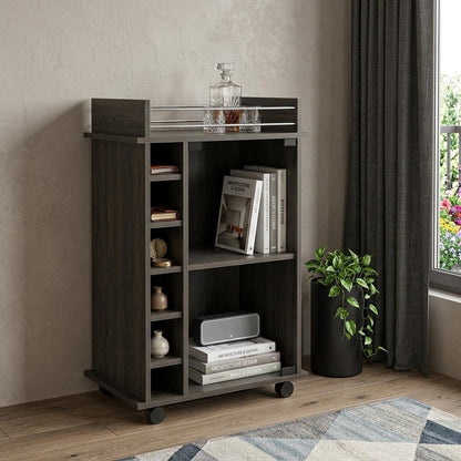 22" Espresso Wood Rolling Bar Cart With Wine Storage