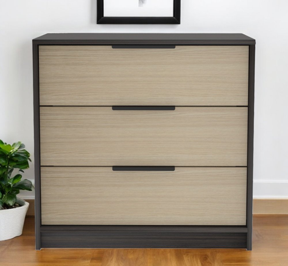 28" Brown And Black Wood Three Drawer Dresser