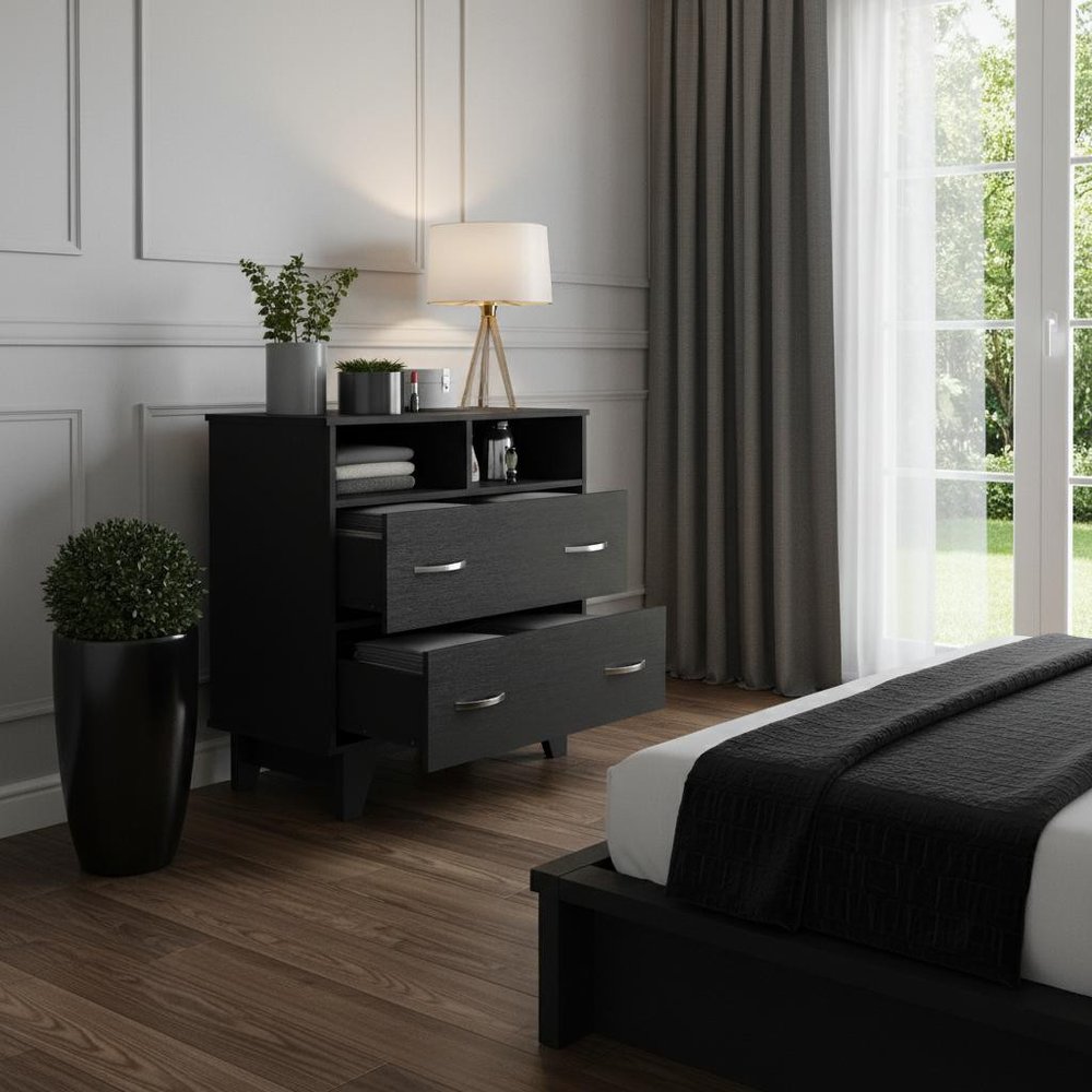 32" Black Wood Two Drawer Dresser