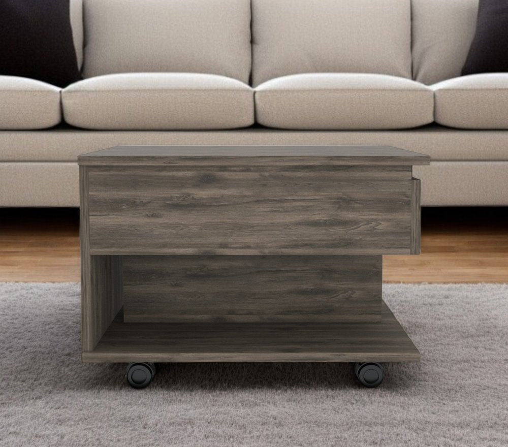 22" Dark Brown Manufactured Wood Rectangular Lift Top Coffee Table With Drawer