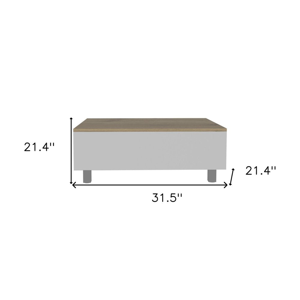 32" White And Light Oak Manufactured Wood Rectangular Lift Top Coffee Table With Drawer And Shelf